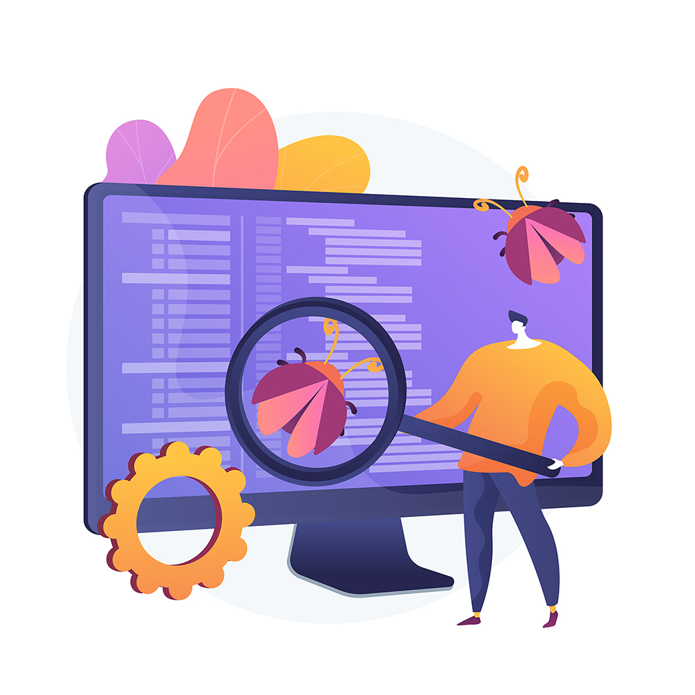 Software testing. Programmer cartoon character with magnifier looking for defects in programme, application. Software bugs, errors, risks. Vector isolated concept metaphor illustration